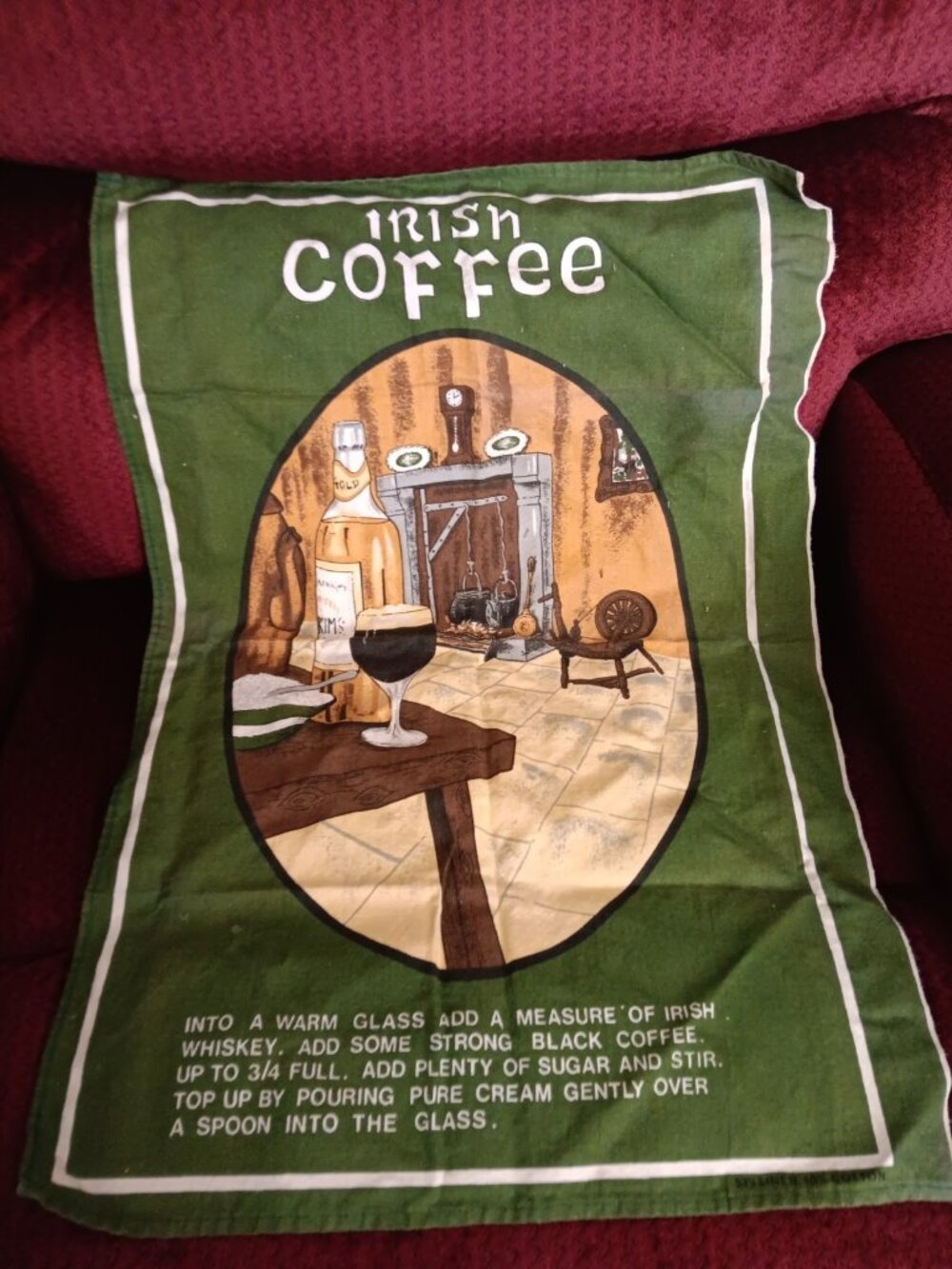 Souvenir Irish Coffee Recipe Linen Tea Towel 18" x 27" Green